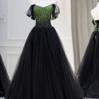 A-line Black Evening Dress With Green Beaded