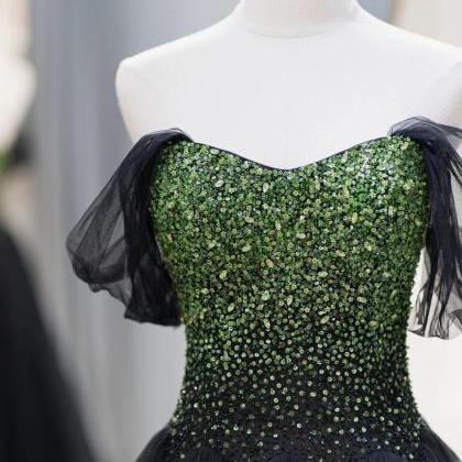 A-line Black Evening Dress With Green Beaded