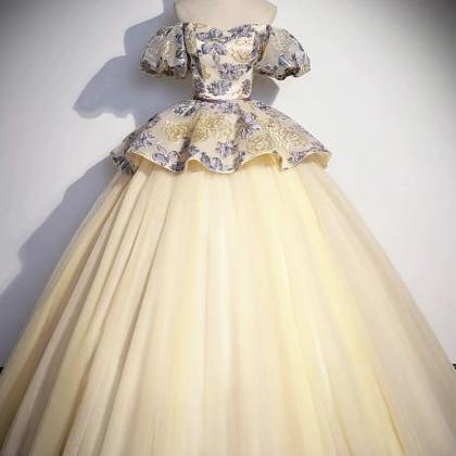 Champagne Enchanted Evening Tulle Gown With Floral..