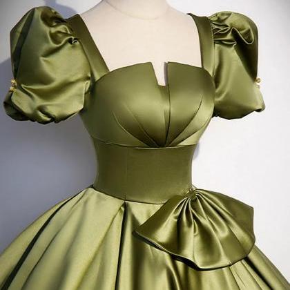 Majestic Olive Satin Ball Gown With Puffed Sleeves