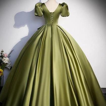 Majestic Olive Satin Ball Gown With Puffed Sleeves