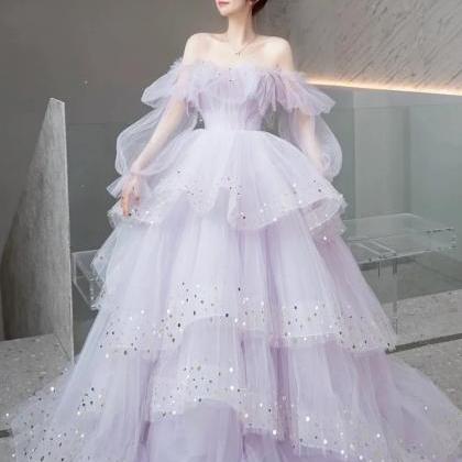 Princess Purple Long Sleeve Tulle Prom Dress,sweet..