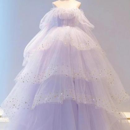 Princess Purple Long Sleeve Tulle Prom Dress,sweet..