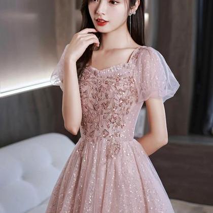 A-line Pink Tulle Sequins Long Prom Evening Dress..