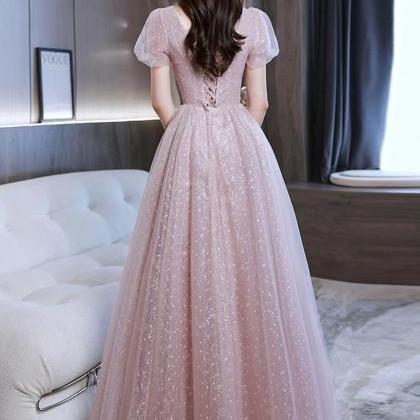 A-line Pink Tulle Sequins Long Prom Evening Dress..
