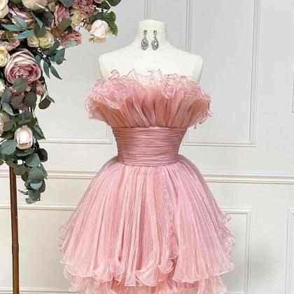 Cute Pink Strapless Tulle Short Prom Dress,..