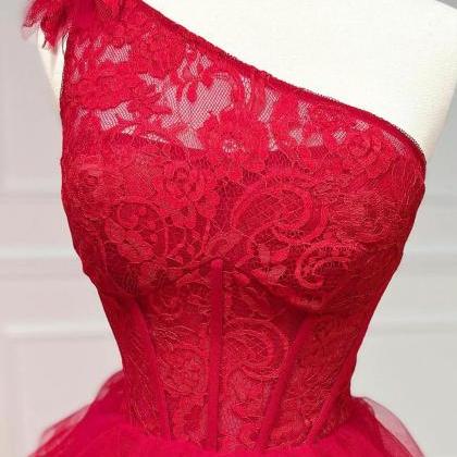 One Shoulder A Line Red Lace Evening Dresses