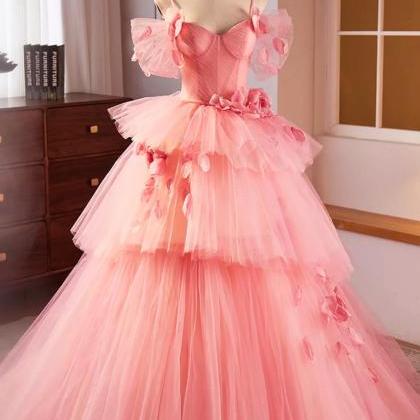Beautiful Pink Spaghetti Strap Tulle Long Prom..