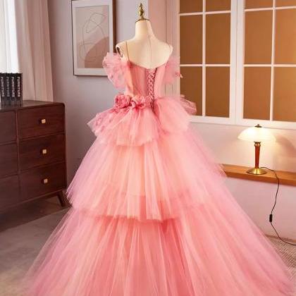 Beautiful Pink Spaghetti Strap Tulle Long Prom..