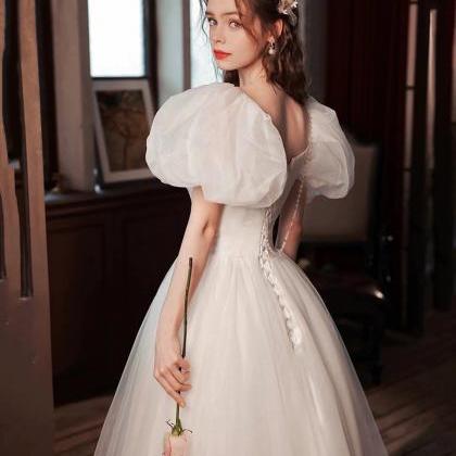Beautiful A-line White Puff Sleeve Evening Dresses