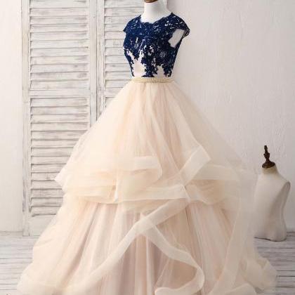 Navy Lace Champagne Tulle Ballgown