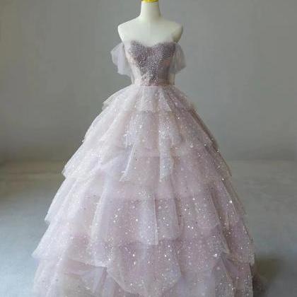 Shiny Mermaid Pink Tulle Ball Gown Sequin Layers..