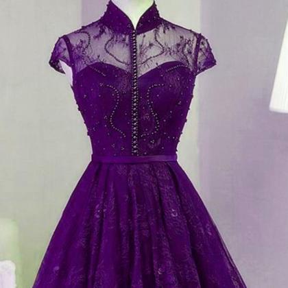 Cute Purple Lace Knee Length Homecoming Dress