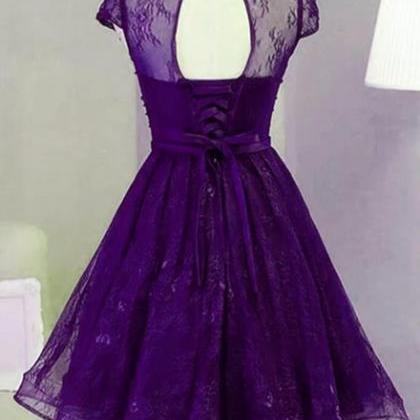 Cute Purple Lace Knee Length Homecoming Dress