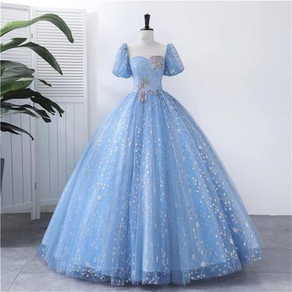 Round Neck Blue Tulle Short Sleeves Long Prom..