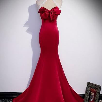 Halter Red Mermaid Satin Long Party Dress With..