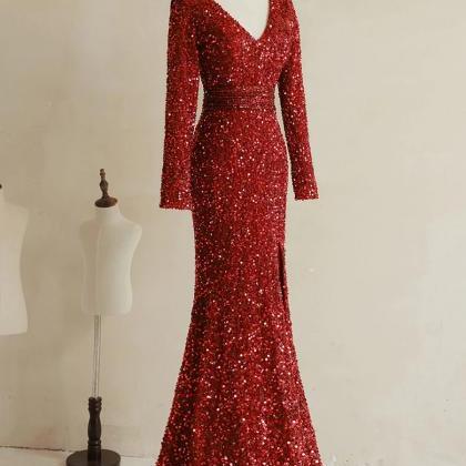 Glamorous Red Sequined Gala Dress With Long..