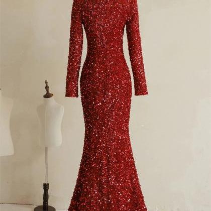 Glamorous Red Sequined Gala Dress With Long..