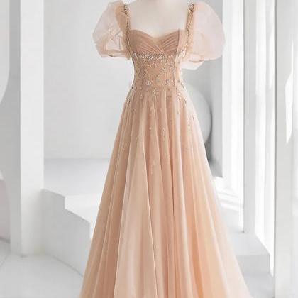 Floor Length Champagne Beaded Tulle A-line Prom..