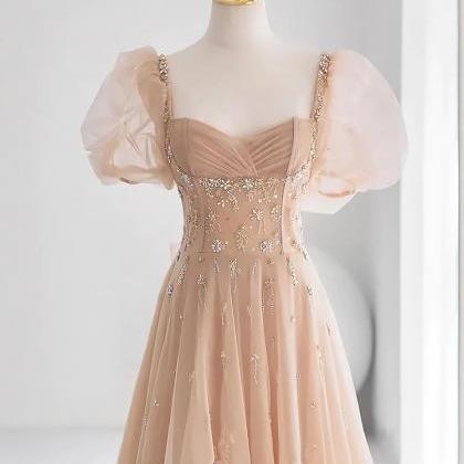 Floor Length Champagne Beaded Tulle A-line Prom..