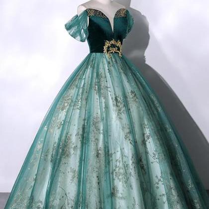 Princess Off Shoulder Green Ball Gown Tulle Beaded..
