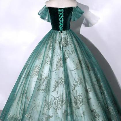 Princess Off Shoulder Green Ball Gown Tulle Beaded..