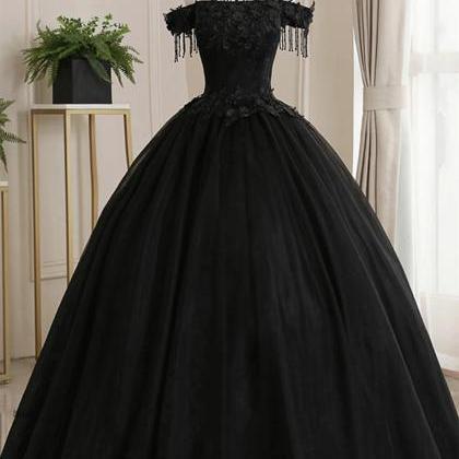 Off Shoulder Black Long Prom Dress With Lace