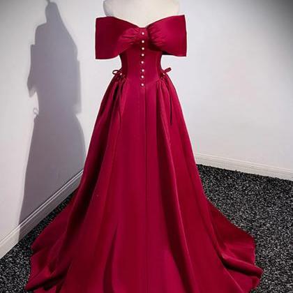 Elegant Burgundy Satin Gown With Off-shoulder Bow..