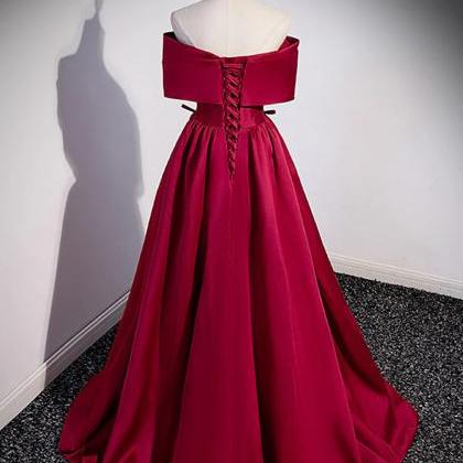 Elegant Burgundy Satin Gown With Off-shoulder Bow..