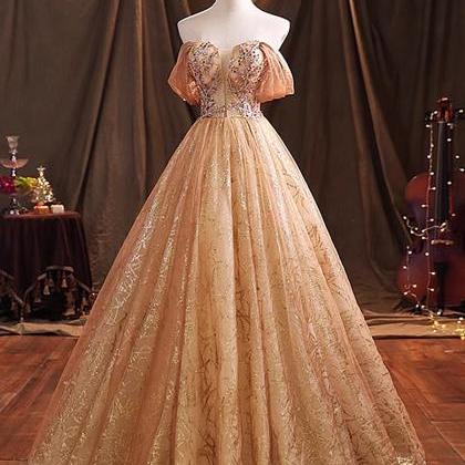 Gold Tulle Long Ball Gown Party Dress Sweet 16..