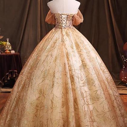 Gold Tulle Long Ball Gown Party Dress Sweet 16..