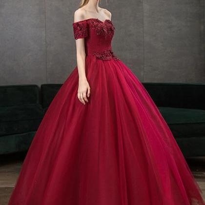Off Shoulder Wine Red Ball Gown Sweetheart Party..