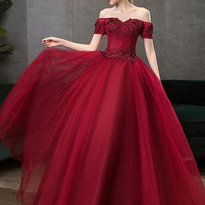 Off Shoulder Wine Red Ball Gown Sweetheart Party..