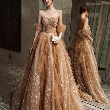 A-line Off Shoulder Champagne Tulle Beaded Prom..