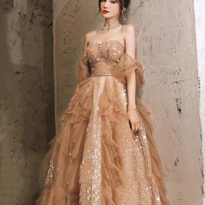 A-line Off Shoulder Champagne Tulle Beaded Prom..