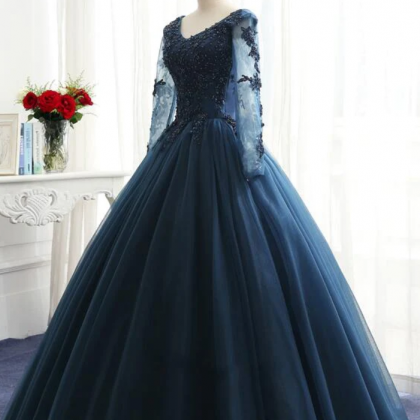 Charming Long Sleeves Navy Blue Tulle Prom Dress