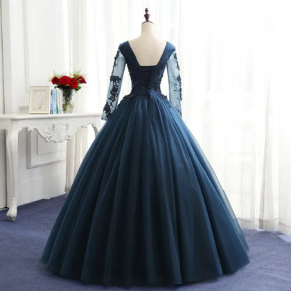 Charming Long Sleeves Navy Blue Tulle Prom Dress