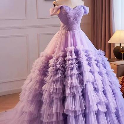 Off The Shoulder Tiered Ruffles Purple Long Ball..
