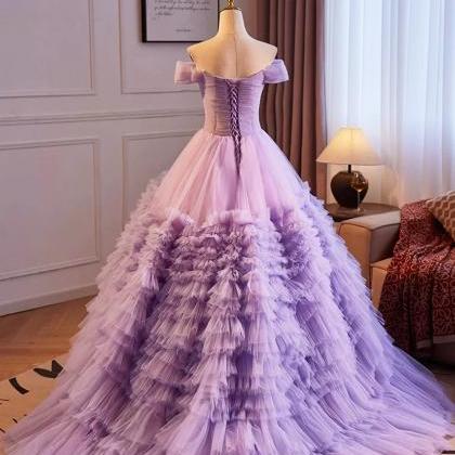 Off The Shoulder Tiered Ruffles Purple Long Ball..