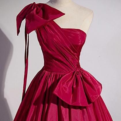 One Shoulder A Line Red Satin Long Prom Dress