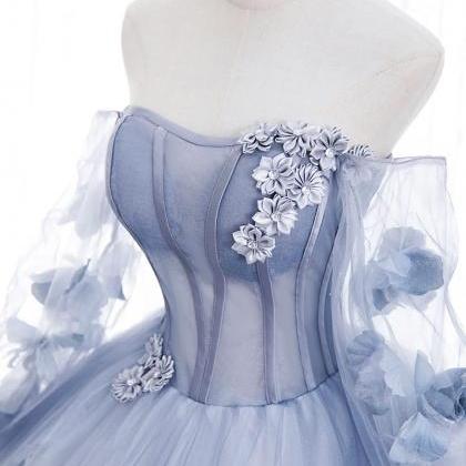 A-line Blue Tulle Long Sleeves Formal Prom Dress..