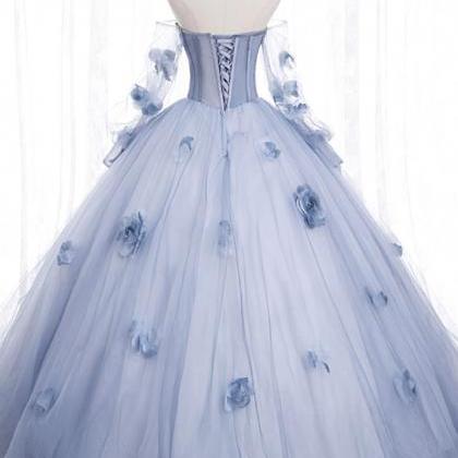 A-line Blue Tulle Long Sleeves Formal Prom Dress..