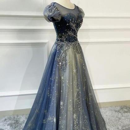 A Line Blue Scoop Neckline Tulle Long Prom Dress..