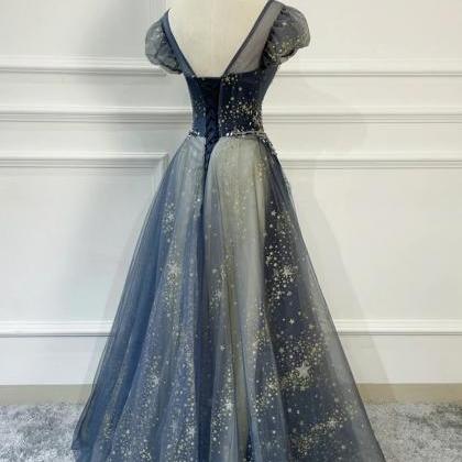 A Line Blue Scoop Neckline Tulle Long Prom Dress..