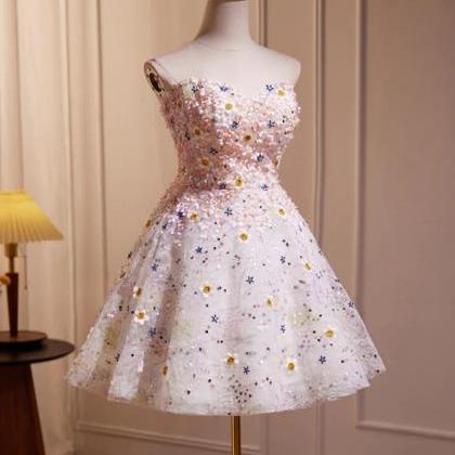 Cute A-line Flower Short Prom Dress, Sequin..
