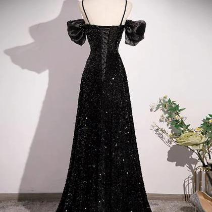 Black Off Shoulder Sparkle Sequined Gown With Puff..