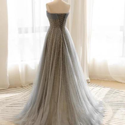 Mermaid Gray Tulle Sequin Long Prom Dress, Evening..
