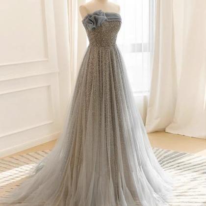 Mermaid Gray Tulle Sequin Long Prom Dress, Evening..