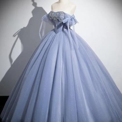 Ball Gown A-line Blue Tulle Long Prom Dress With..