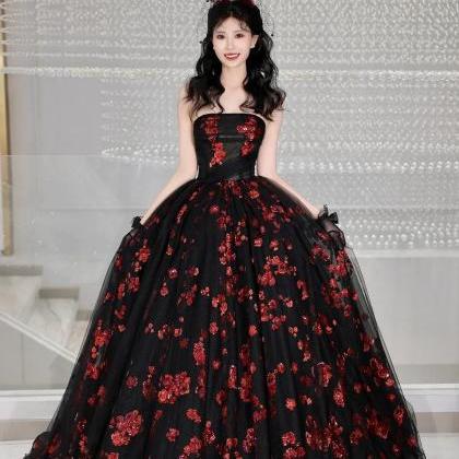 A-line Strapless Black Tulle And Red Sequins Long..